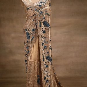 Champagne Sequin Saree with Emerald Floral Embroidery