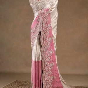 Ivory Tissue Silk Saree with Rose-Pink Scalloped Embroidery